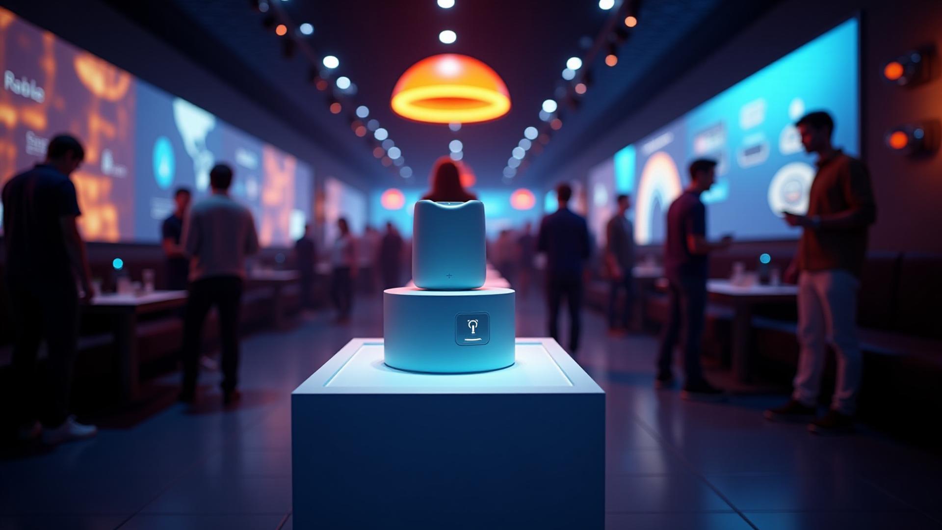 Lanzamiento de producto vibrante con luces de colores y asistentes en Nébula Café