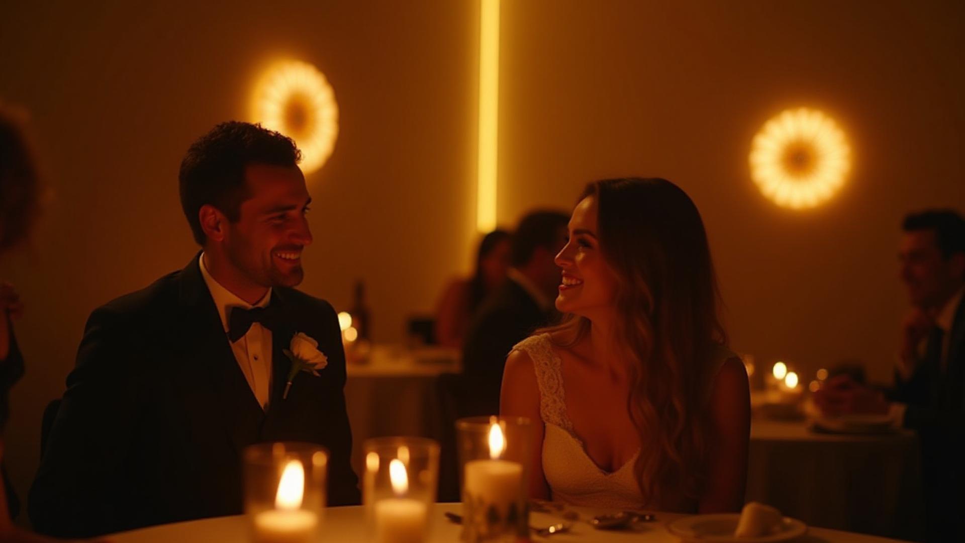 Boda íntima con iluminación cálida y arte óptico en Nébula Café