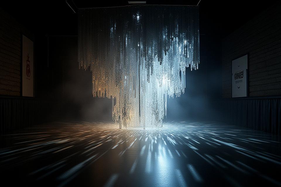 Instalación de arte óptico iluminada en un evento nocturno