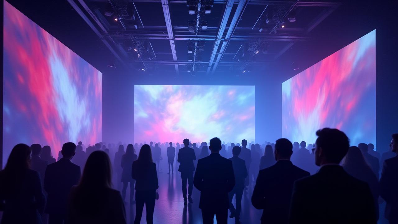 Evento corporativo con proyecciones de luz abstractas y dinámicas en la pared.